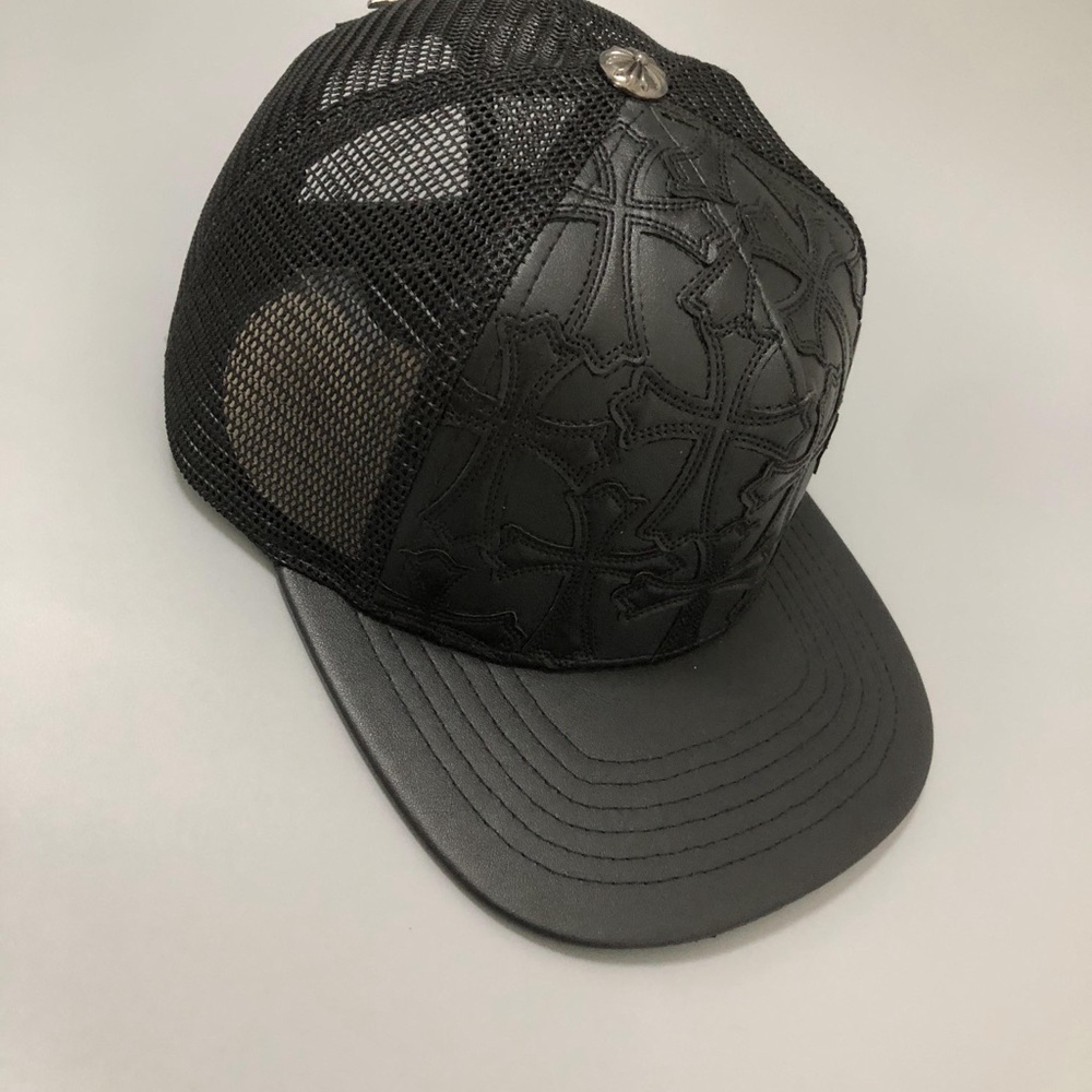 Chrome Hearts Black Trucker Hat with Leather Cross Logo Baseball Cap Women Men - Picture 5 of 14